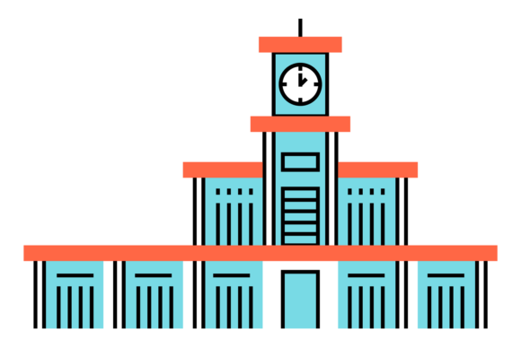 Building with Clock Tower. School Icon Review for Embroidery Projects