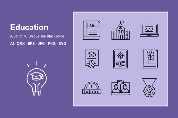 Education Line Black Icon Set for Local Business Branding and Design